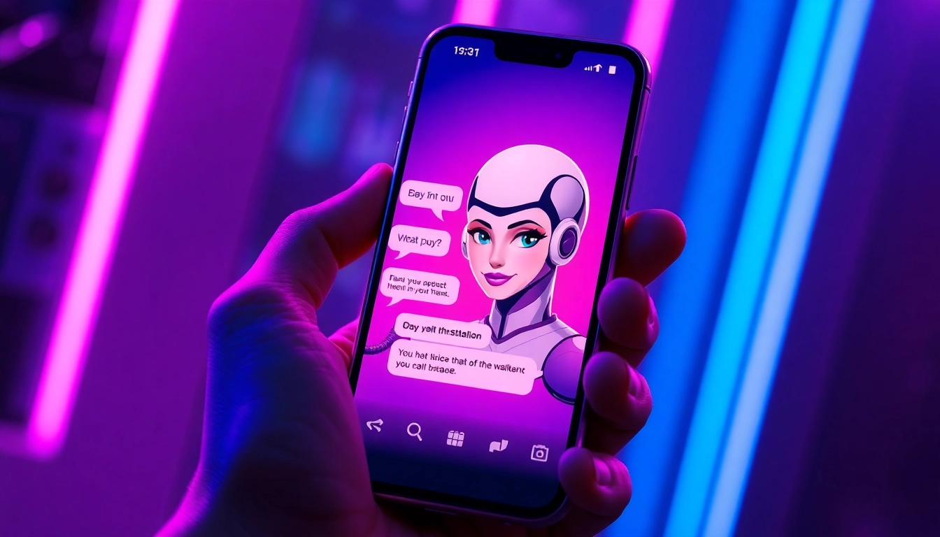 Smartphone displaying a conversation with an alluring AI character against a neon-lit background.