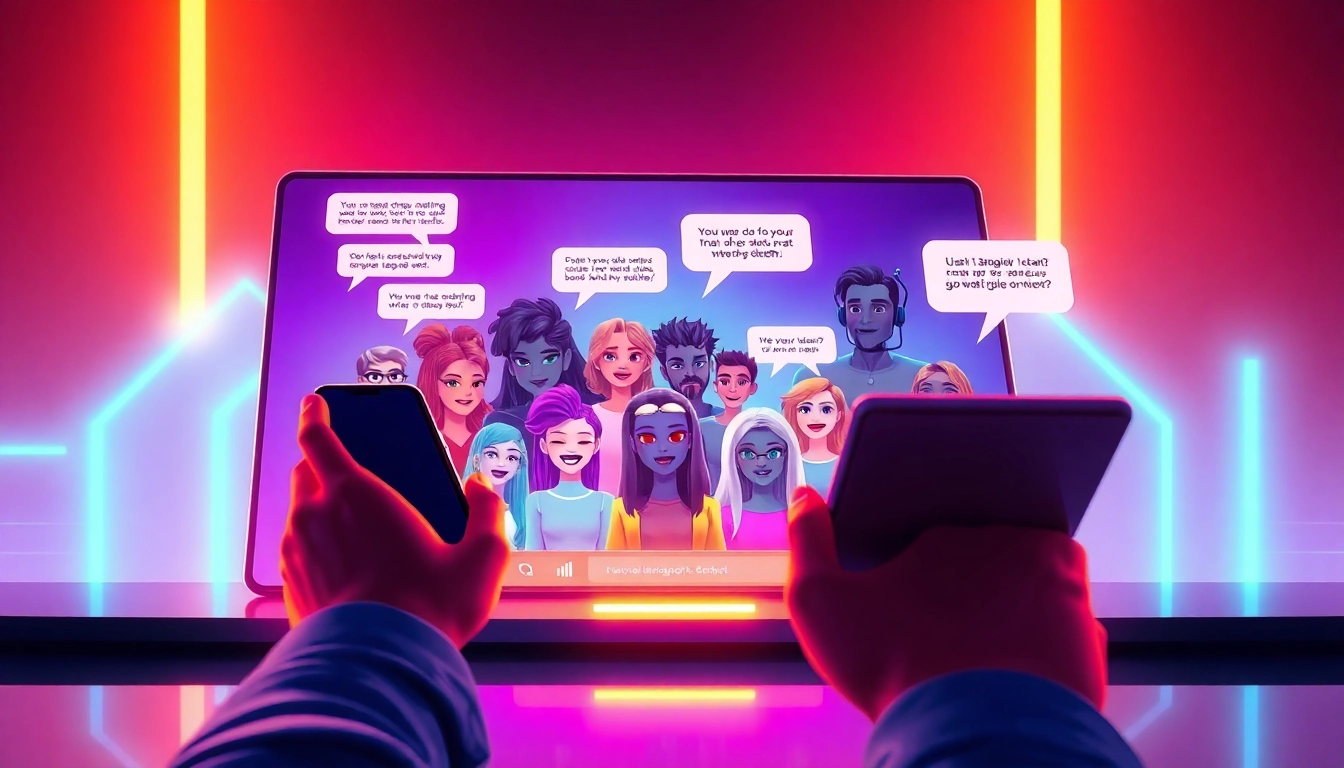 Futuristic chatbot interface with customizable AI characters on digital devices, glowing neon lights, and vibrant colors.