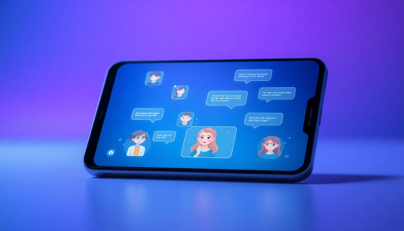 Futuristic AI chatbot interface with customizable characters on a modern device screen, vibrant colors, and engaging conversation bubbles.
