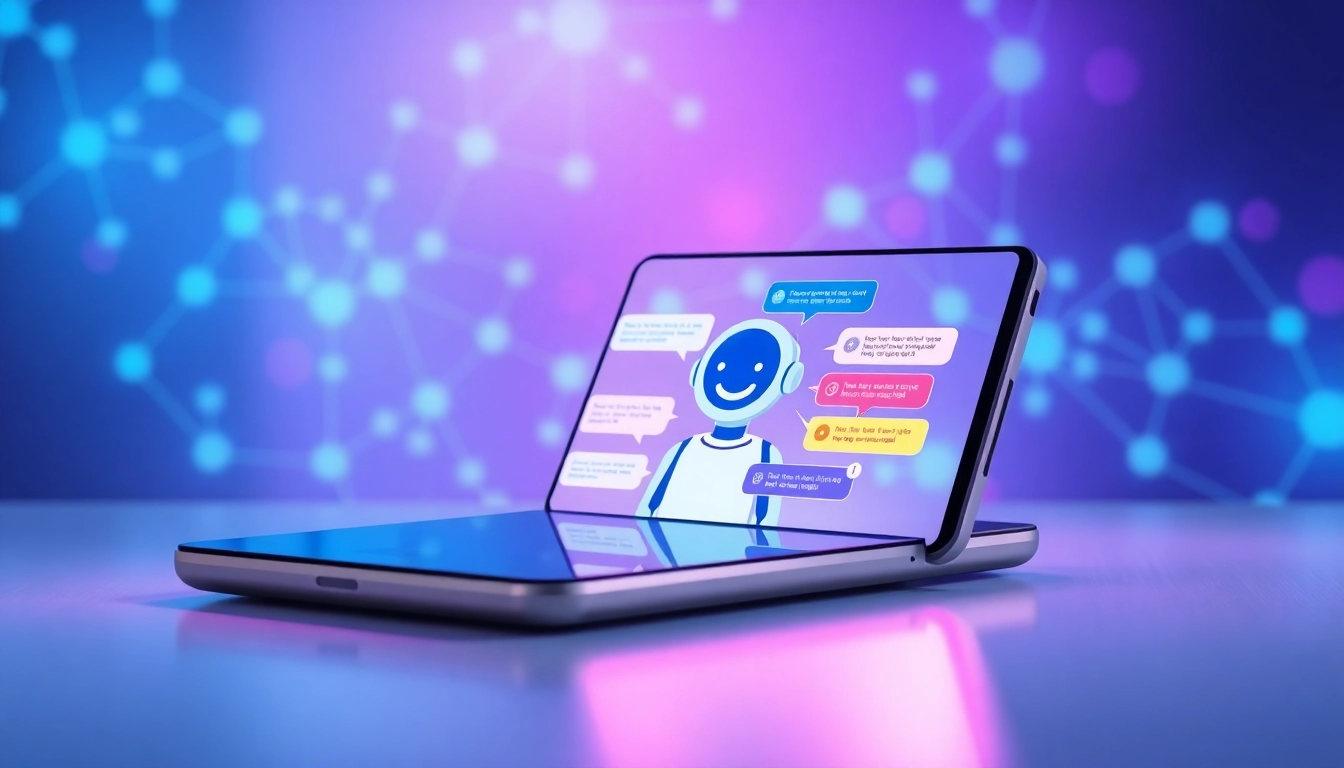 Futuristic AI chatbot interface with a friendly character and colorful chat bubbles on a modern device screen