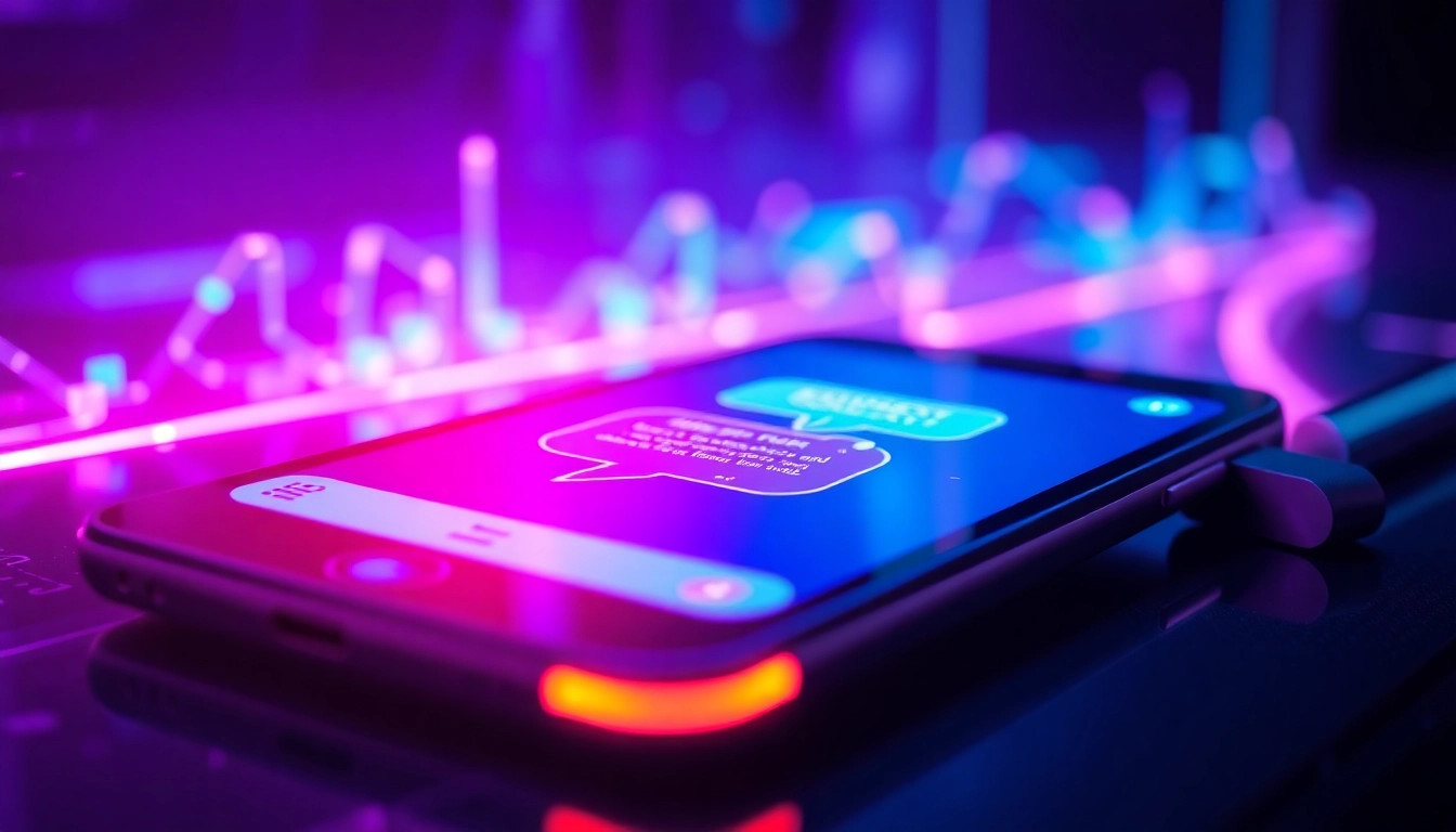 Close-up of a futuristic AI chatbot interface on a mobile device with neon-lit background