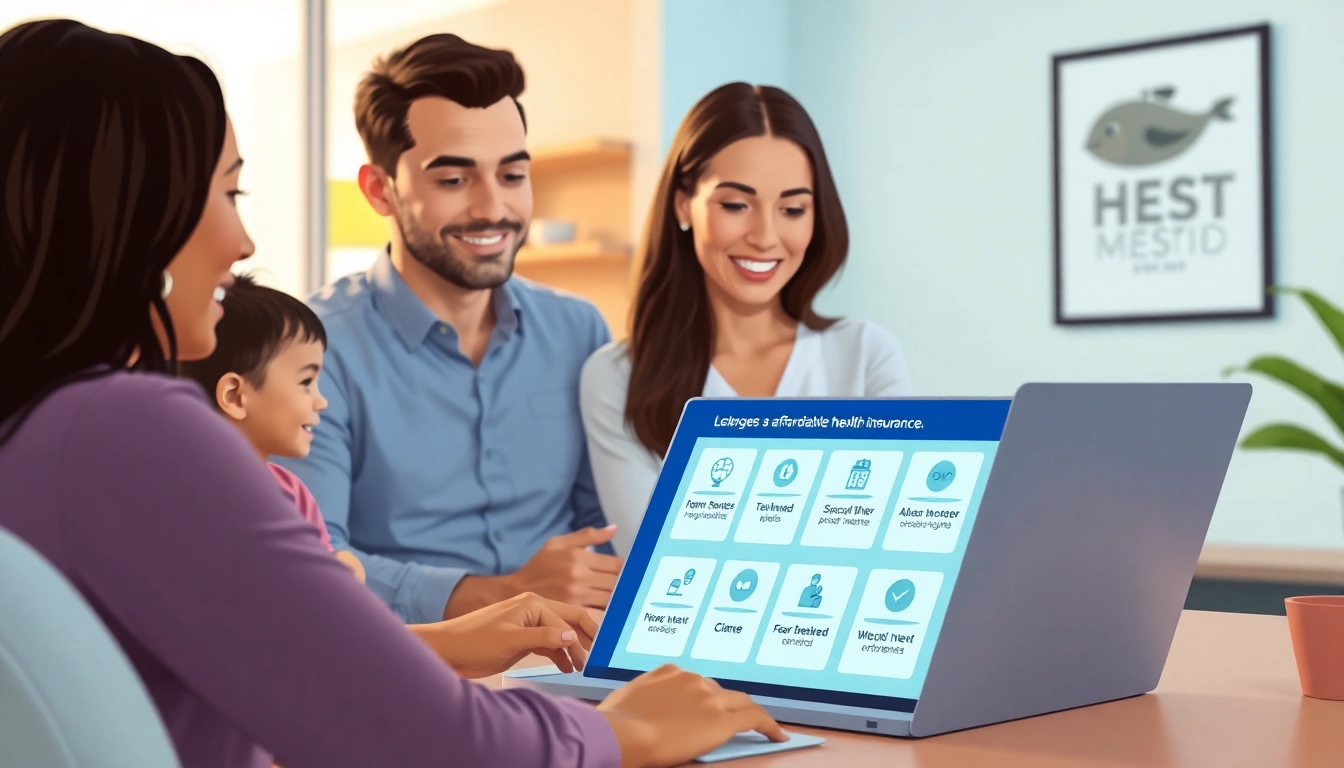 Licensed agent guides a family through affordable health insurance options in a welcoming office.